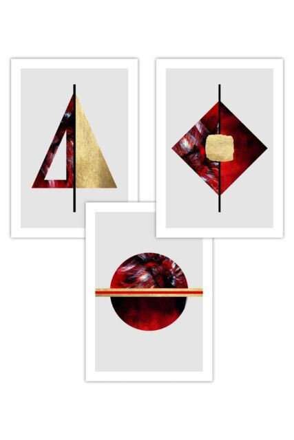 ARTZE Set of 3 Abstract Art Deco in Red Orange & Gold Art Posters - Size: W42 cm x H59 cm - image 1
