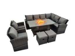 Fimous Rattan Corner Sofa Chair Set Gas Fire Pit Table with 2 Small Footstool in Dark Grey - thumbnail 1