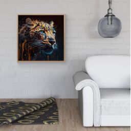 "Warren Reed - Designer Leapoard Face Splashart On Dark Background Framed Canvas in Light Brown - Size: W16"" x H16""" - thumbnail 2