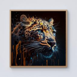 "Warren Reed - Designer Leapoard Face Splashart On Dark Background Framed Canvas in Light Brown - Size: W16"" x H16""" - thumbnail 1