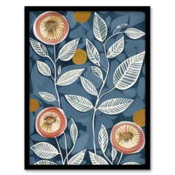 Artery8 Folk Art Flower Line Patterns Blue Pink Painting Framed Art Print - Size: A4 - thumbnail 1