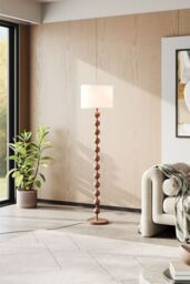 H&O Direct Mid-century E27 1-Light Fabric Lampshade Floor Lamp with Foot Switch in Walnut - thumbnail 1