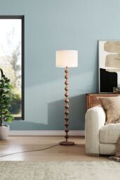 H&O Direct Mid-century E27 1-Light Fabric Lampshade Floor Lamp with Foot Switch in Walnut - thumbnail 2