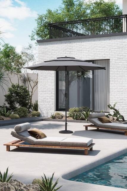 Garden Sanctuary 3-Tier Outdoor Garden Umbrella with Crank & Floral-Pattern Stand in Light Grey - image 1