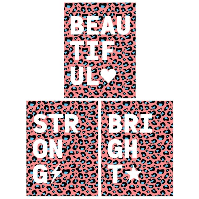 Wee Blue Coo Pack of 3 Beautiful Strong Bright Typography on Blue Pink Leopard Pattern Unframed Wall Art Living Room Prints Set - image 1