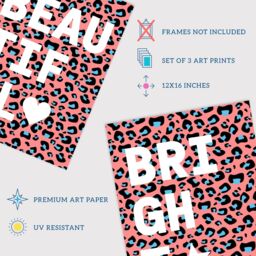 Wee Blue Coo Pack of 3 Beautiful Strong Bright Typography on Blue Pink Leopard Pattern Unframed Wall Art Living Room Prints Set - thumbnail 4