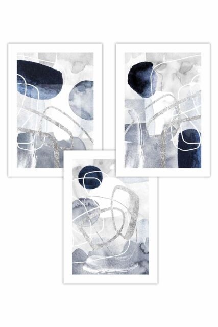 ARTZE Set of 3 Abstract Navy Blue & Silver Watercolour Shapes Art Posters - Size: W42 cm x H59 cm - image 1