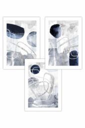ARTZE Set of 3 Abstract Navy Blue & Silver Watercolour Shapes Art Posters - Size: W42 cm x H59 cm - thumbnail 1