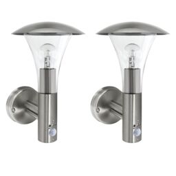 First Choice Lighting Set of 2 Halo - Stainless Steel Outdoor IP44 Motion Sensor Wall Lights in Silver
