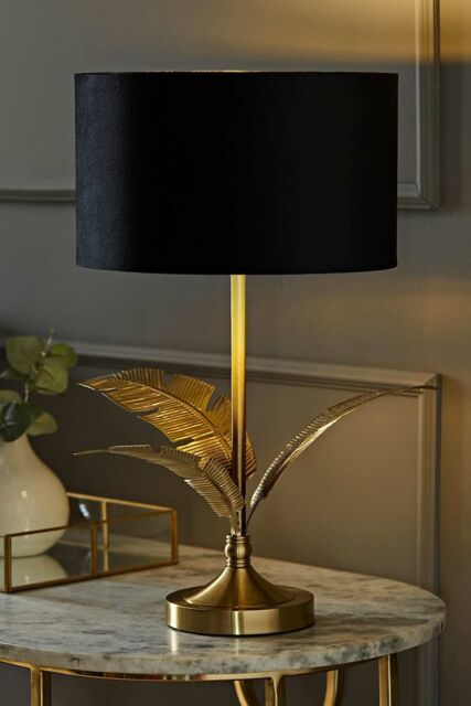 ValueLights Christina Velvet with Gold Metallic Inner Drum Shade Gold Palm Leaf Table Lamp in Black - image 1