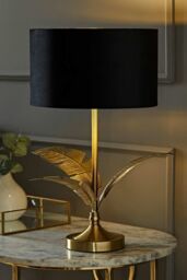 ValueLights Christina Velvet with Gold Metallic Inner Drum Shade Gold Palm Leaf Table Lamp in Black