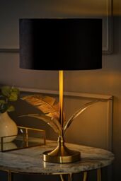 ValueLights Christina Velvet with Gold Metallic Inner Drum Shade Gold Palm Leaf Table Lamp in Black - thumbnail 2
