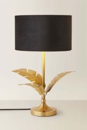 ValueLights Christina Velvet with Gold Metallic Inner Drum Shade Gold Palm Leaf Table Lamp in Black - thumbnail 3