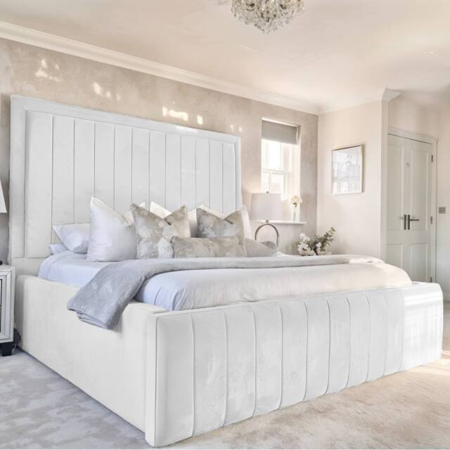 "UK Bed Furniture Geneva Upholstered Bed Frame with 54"" Headboard - Slatted Base in White - Size: Small Double" - image 1