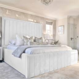 "UK Bed Furniture Geneva Upholstered Bed Frame with 54"" Headboard - Slatted Base in White - Size: Small Double" - thumbnail 1