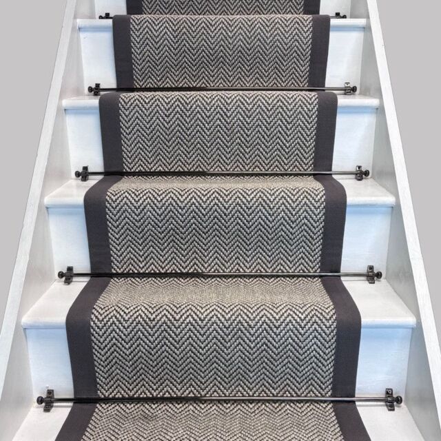 RainbowHome Herringbone Java Stair Runner with 100% Cotton Grey Border 50cm x 650cm in White - Size: 65 cm x 650 cm - image 1