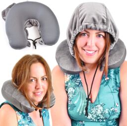 mysmartbuy Travel Pillow Hoodie - Grey Soft Plush Neck Supporting Cushion with Drawstring Closure Hood - Measures 32 x 30 x 9cm - Size: 32 x 30 x 9 cm
