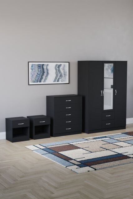 Home Discount Vida Designs 4Pc Bedroom Set 2xBedside, 5Drawer Chest, Mirror Wardrobe in Black - image 1