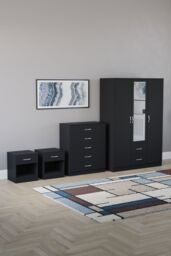 Home Discount Vida Designs 4Pc Bedroom Set 2xBedside, 5Drawer Chest, Mirror Wardrobe in Black - thumbnail 1