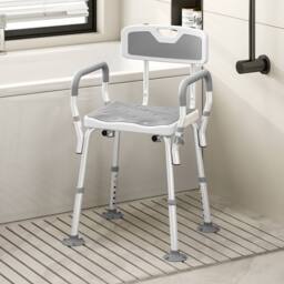 HOMCOM Padded Shower Stool with Arms & Back, 4 Suction Foot Pads, Grey in Light Grey - thumbnail 1