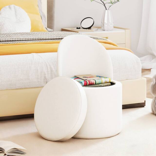Gymax Storage Ottoman with Backrest Faux Velvet Vanity Stool Sponge Padded in White - image 1