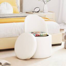 Gymax Storage Ottoman with Backrest Faux Velvet Vanity Stool Sponge Padded in White - thumbnail 1