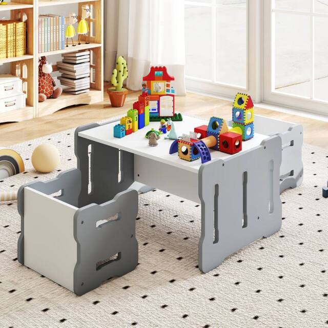 Costway Kids Table & Chair Set 3PCS Toddler Activity Table w/2 Stools in Grey - image 1