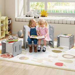 Costway Kids Table & Chair Set 3PCS Toddler Activity Table w/2 Stools in Grey - thumbnail 7