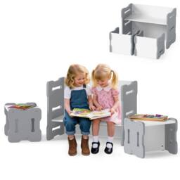 Costway Kids Table & Chair Set 3PCS Toddler Activity Table w/2 Stools in Grey - thumbnail 2