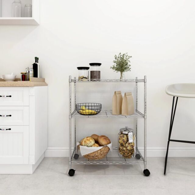 Berkfield Home 3-Tier Storage Rack with Wheels 60x35x81 cm Chrome 150 kg in Silver - Size: 60 x 35 x 81 cm - image 1