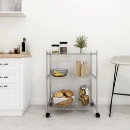 Berkfield Home 3-Tier Storage Rack with Wheels 60x35x81 cm Chrome 150 kg in Silver - Size: 60 x 35 x 81 cm