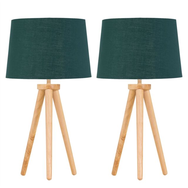 First Choice Lighting Set of 2 Light Oak Table Lamp or Bedside Lights with Green Gold Shades in Brown - image 1