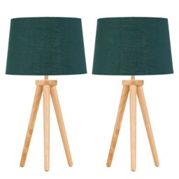 First Choice Lighting Set of 2 Light Oak Table Lamp or Bedside Lights with Green Gold Shades in Brown