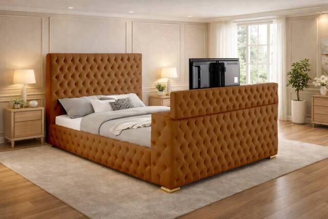PARADISE BEDS LTD Mariana Chesterfield Upholstered TV Bed Frame With Gas Lift Storage in Brown - Size: Double - image 1