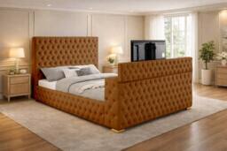 PARADISE BEDS LTD Mariana Chesterfield Upholstered TV Bed Frame With Gas Lift Storage in Brown - Size: Double
