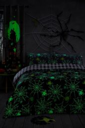 Bedlam 'Spiders' Glow in the Dark Spider Print Halloween Duvet Cover Set in Grey - Size: Double - thumbnail 2