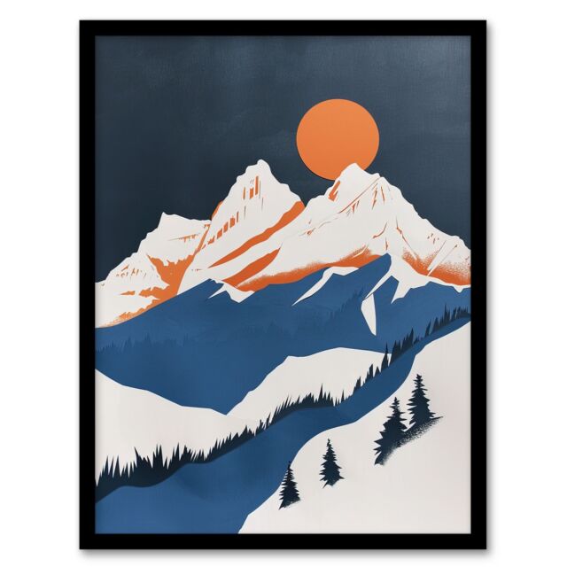 Artery8 Modern Switzerland Winter Mountain Landscape Framed Art Print in Orange - Size: A4 - image 1