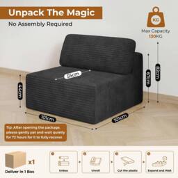 Dprodo Corduroy Modular Sofa, Only Middle Seat, 25V9 in Black - thumbnail 2