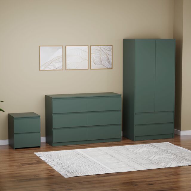 Home Discount Vida Designs Denver Bedroom Set (2 Dr Bedside, 6 Dr Chest, Wardrobe) in Green