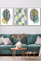 ARTZE Set of 3 Light Grey Framed Mid Century Floral Pattern in Yellow & Blue Wall Art in Duck Egg Blue - Size: W45 cm x H62 cm x D20mm - thumbnail 1