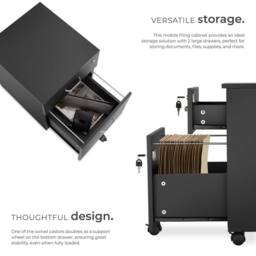 tectake Filing Cabinet - 2 rolling, lockable drawers, fits A4 documents in Black - Size: 1 Pack - thumbnail 3
