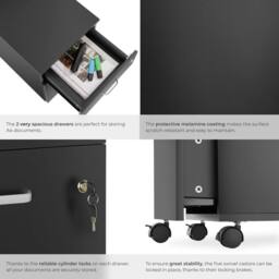 tectake Filing Cabinet - 2 rolling, lockable drawers, fits A4 documents in Black - Size: 1 Pack - thumbnail 5