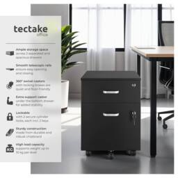 tectake Filing Cabinet - 2 rolling, lockable drawers, fits A4 documents in Black - Size: 1 Pack - thumbnail 2