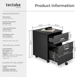 tectake Filing Cabinet - 2 rolling, lockable drawers, fits A4 documents in Black - Size: 1 Pack - thumbnail 6