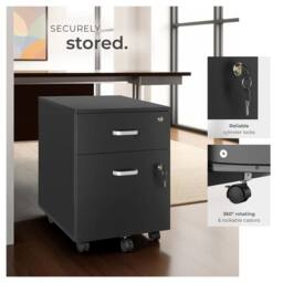 tectake Filing Cabinet - 2 rolling, lockable drawers, fits A4 documents in Black - Size: 1 Pack - thumbnail 4