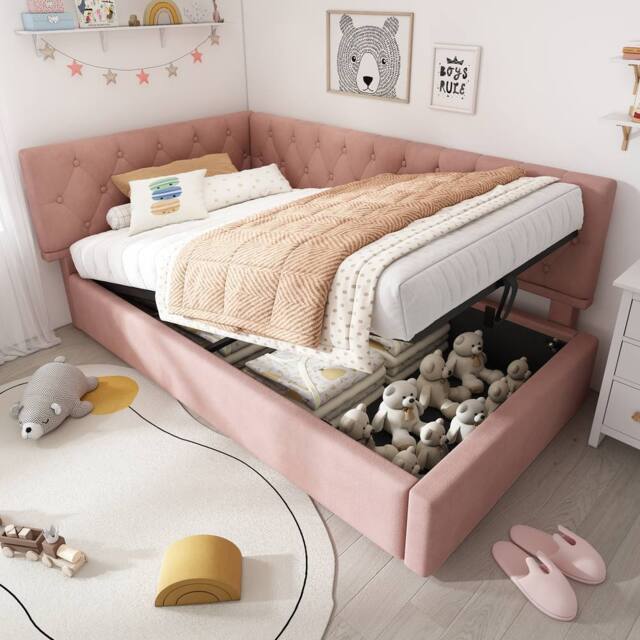 Merax L Shaped 3FT Single Sofa Upholstered Daybed with Hydraulic Storage in Pink - image 1