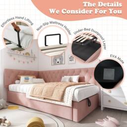 Merax L Shaped 3FT Single Sofa Upholstered Daybed with Hydraulic Storage in Pink - thumbnail 4