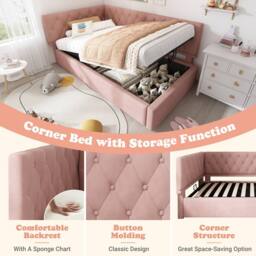Merax L Shaped 3FT Single Sofa Upholstered Daybed with Hydraulic Storage in Pink - thumbnail 6