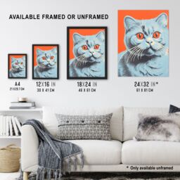 Artery8 Teal & Coral Cat Screen Print Risograph Artwork Spot Block Colour Duotone Retro Riso Interior Design Scottish Fold Cat Unframed Wall Art - thumbnail 3