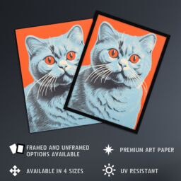 Artery8 Teal & Coral Cat Screen Print Risograph Artwork Spot Block Colour Duotone Retro Riso Interior Design Scottish Fold Cat Unframed Wall Art - thumbnail 2